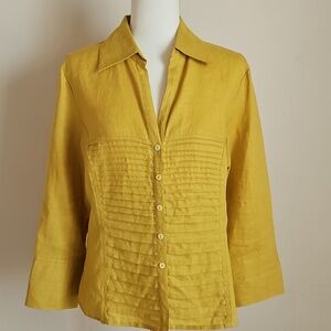 Tracy M XL Linen Pintucked Mustard Button Blouse Tailored Career Classic